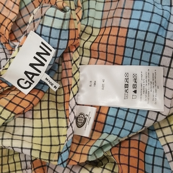 💕GANNI💕 Seersucker Check Dress ~ Midi Tent Plaid Picnic Balloon Sleeve Size 40 - Picture 16 of 16